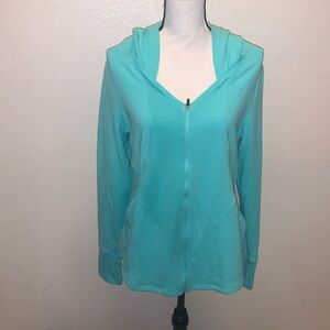 Rainbeau Blue Full Zip Up Athletic Hoodie Sweatshirt V-neck Back Slit